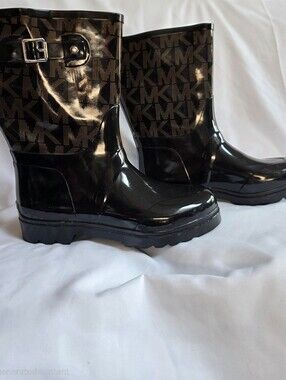 Michael Kors Black MK Logo Rubber Rain Boots Women's Size 9 Waterproof